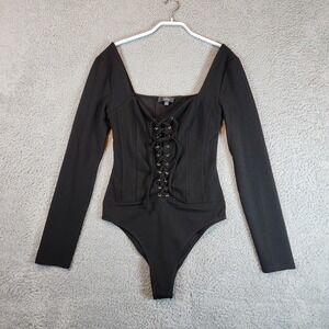 Lulus Bodysuit Womens Small Black Long Sleeve Lace Up One Piece‎ Dark Academia
